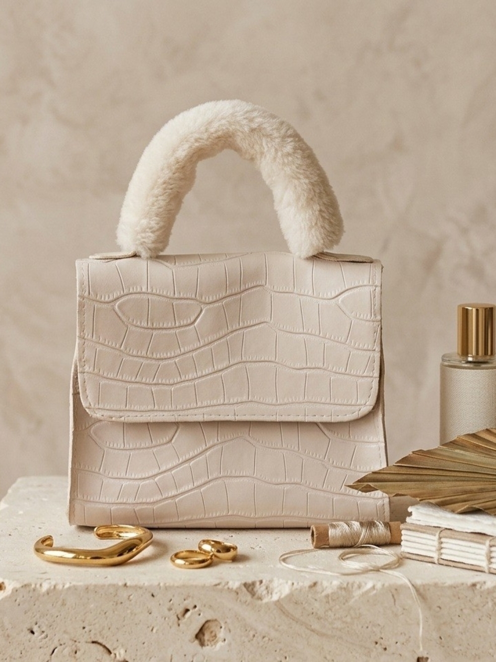 Women’s Faux-Croc Top Handle MiniBag in Cream